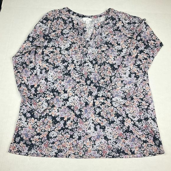 J. Jill Tops - J.Jill Knit Tunic Shirt Floral Long Sleeve V-Neck Casual Pleated Top Size Medium